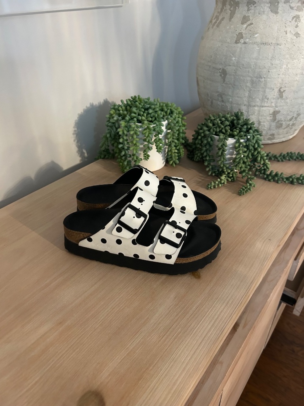 Papillio Black and White Polka Dot Double-Buckle Slide Sandals - Picture 4 of 7